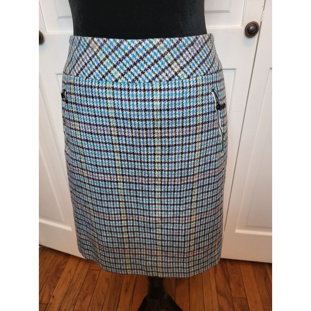 Talbots Gray and Teal Plaid Wool Mini Skirt Zipper Pockets 6P Academia y2k Retro